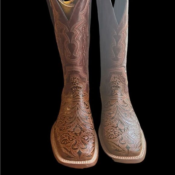 Leather Tanner Mark Hand Tooled Western Boot Broad Square Toe Men 8/Women - Picture 9 of 16